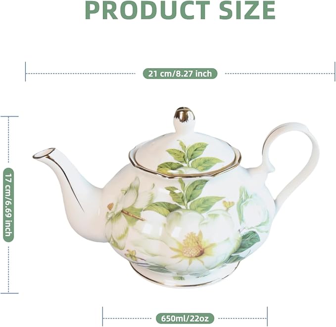 22oz Floral Ceramic Teapot – Vintage Gold Rim Porcelain Tea Pot for Loose Leaf, Blooming Tea & Coffee, Elegant Decorative Teapot for Tea Party, Flower Design (White Camellia) - Bloomnest