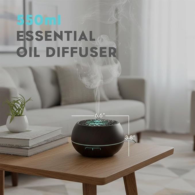 550ml Large Capacity Essential Oil Diffuser with 6 Aromatherapy Oils Set,Ultrasonic Air Humidifier with Timer and 7 Color LED Night Light Waterless Auto-Off Dark Wood Grain - Bloomnest