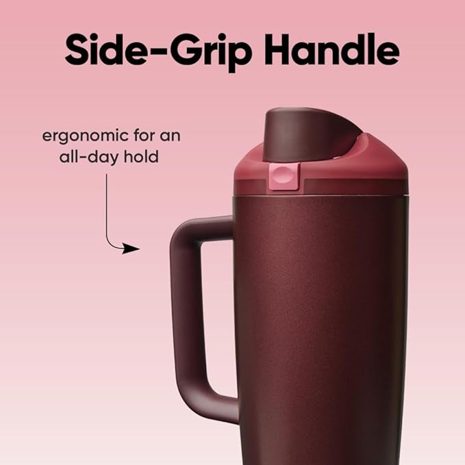 Owala FreeSip Tumbler Insulated Stainless Steel Water Bottle with Built-in Straw and Side Handle, For Travel, Work, School, and Sports, 40oz, BPA Free, Leak Proof, Black Cherry Owala