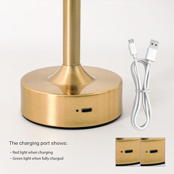 Cordless Table Lamp - Rechargeable Night Light with 2000mAh Battery, Touch Control, Dimmable White/Warm/Neutral Light, Adjustable Height, USB Charging, Ambient LED Bedside Lamp (Gold) - Bloomnest