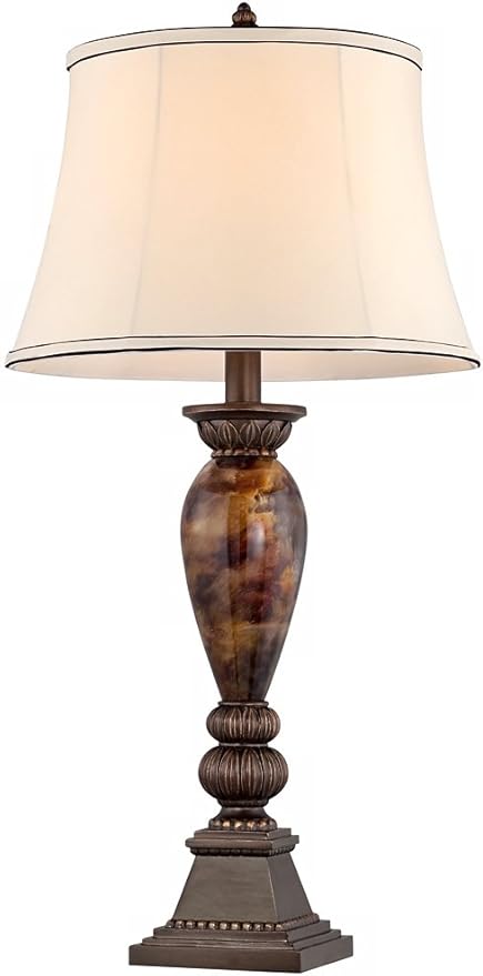 Kathy Ireland Mulholland Traditional Vintage Table Lamp 33" Tall Aged Bronze Golden Faux Marble Off White Bell Shade for Living Room Bedroom House Bedside Nightstand Home Office Entryway - Bloomnest