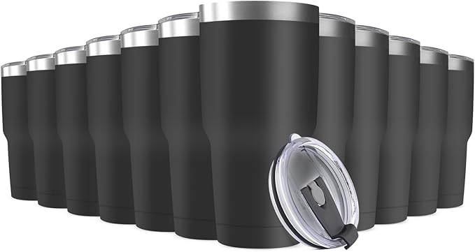 30oz Stainless Steel Travel Mug with Lid, 12 Pack Double Wall Vacuum Insulated Bulk Tumbler, Powder Coated Coffee Cup Suitable for Vehicle Cup Holders (Black) - Bloomnest