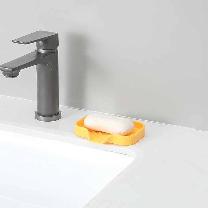 Silicone Bathroom Soap Dishes with Drain Spout-Bathroom and Kitchen Sink Organizer,Sponge Holder,Dish Soap Tray,Perfect for Dispenser,Scrubber,Bottle,Cup on Sink or Counter-Yellow 4.9"×3.2" - Bloomnest