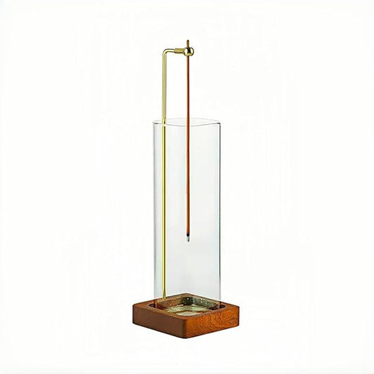 Incense Holder for Sticks with Ash Catcher - Wind Proof Hanging Design, 6x20cm Glass Tube & Spill-Proof Wood Base for 0-2.5mm Sticks, Meditation Yoga Decor (8.5x8.5cm Base) - Bloomnest