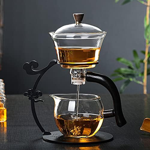 RORA Glass Teapot Set Semi Automatic Drip Rotating with Infuser Lazy Kungfu Tea pot Set (Black) - Bloomnest