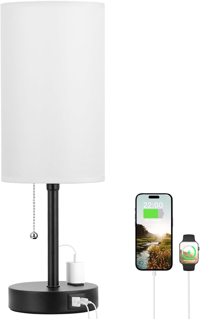 Dicoool 17Inch Tall Bedroom Lamps with USB C and A Ports 3 Color Temperatures - Pull Chain White Nightstand Bedside Table Lamp with AC Outlet, Side Lamp for Living Room End Table - Bloomnest