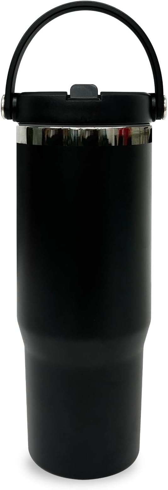30 oz Tumbler with Handle, Double Wall Vacuum Insulated Tumblers with Flip Straw, Coffee Mug 30oz Powder Coated Cup for Hot and Cold Drinks(Black Plated, Black,1 pack)
