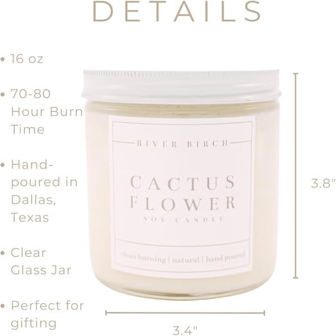 River Birch Candles Cactus Flower Scented Candle | Premium, All-Natural, Non-Toxic, Soy Candles | 16oz 90 Hr Burn Time | Cozy Relaxing Gifts for Home - Bloomnest