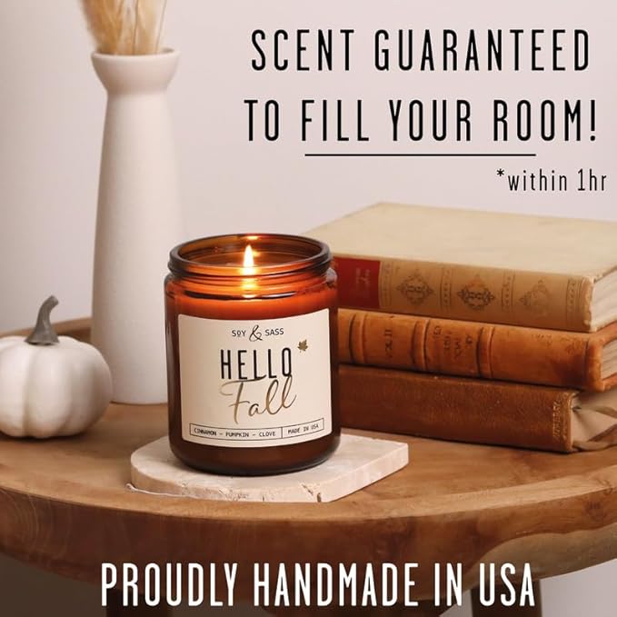 Fall Candles - 'Hello Fall Scented Candle' w/Cinnamon, Pumpkin & Fir I Infused with Essential Oils Autumn Scented Soy Candles for Home Décor, 9oz Reusable Jar, 50Hr Burn, Made in USA - Bloomnest