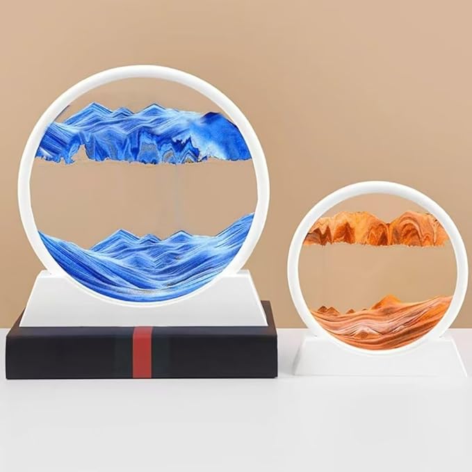 Moving Sand Art Picture in Motion, Round Tempered Glass 3D Deep Sea Sandscapes with Display Flowing Sand Frame for Relaxing Desktop Home Office Work Décor for kids adults （white frame blue, 12inch) - Bloomnest