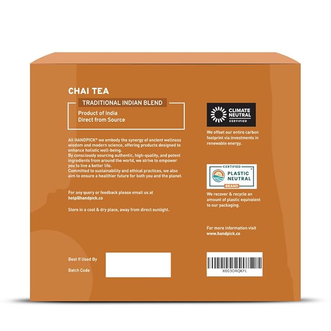 HANDPICK Masala Chai Tea Bags (100 Count) Strong Robust & Aromatic, Blended with Exotic Spices, Cinnamon, Black Pepper, Cloves & Cardamom - Premium Quality Eco-conscious Round Bags - Bloomnest
