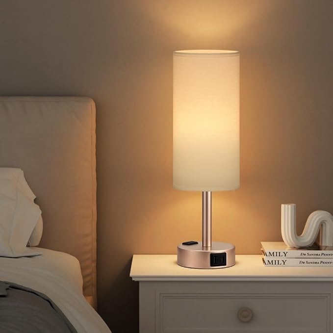 Antique White Bedside Table Lamp for Bedroom - 3 Way Dimmable Touch Lamp USB C Charging Ports and AC Outlet, Small Lamp Gold Base Round Flaxen Fabric Shade for Living Room, Desk, LED Bulb Included - Bloomnest