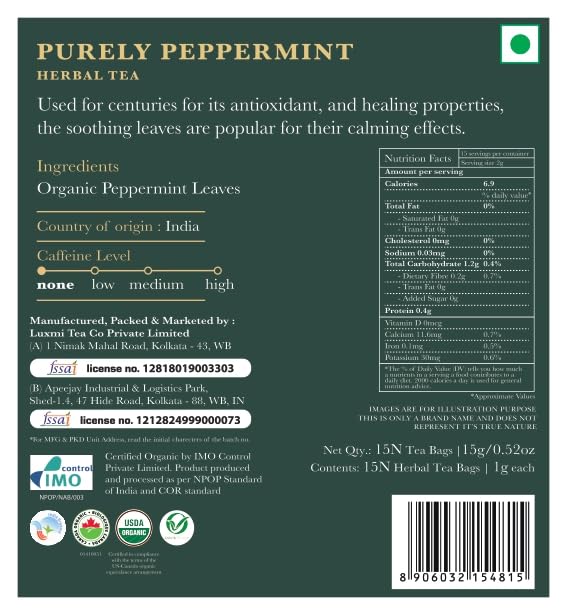 Luxmi Estates Purely Peppermint 50 Tea Bags (100g) Pack | USDA Certified Organic Herbal Tea | Mint Tea Best for Night Time | 50 Cups Bulk Pack - Bloomnest