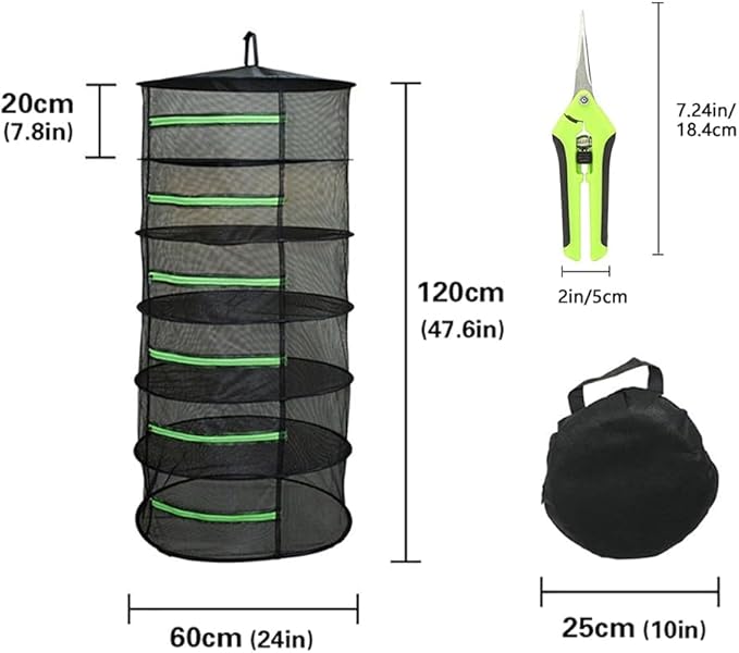 6-Layer Herb Drying Rack, 2ft Plant Hanging Mesh Dry Net with Green Zippers and Bonus Hook - Bloomnest