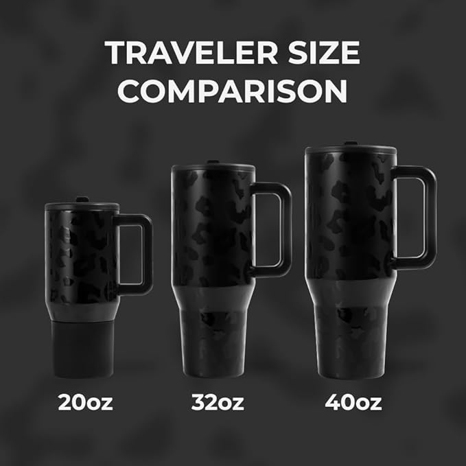 HydroJug Traveler - 40 oz Water Bottle with Handle & Flip Straw - Fits in Cup Holder, Leak Resistant Tumbler-Reusable Insulated Stainless Steel & Rubber Base - Gifts for Women & Men, Black Leopard - Bloomnest
