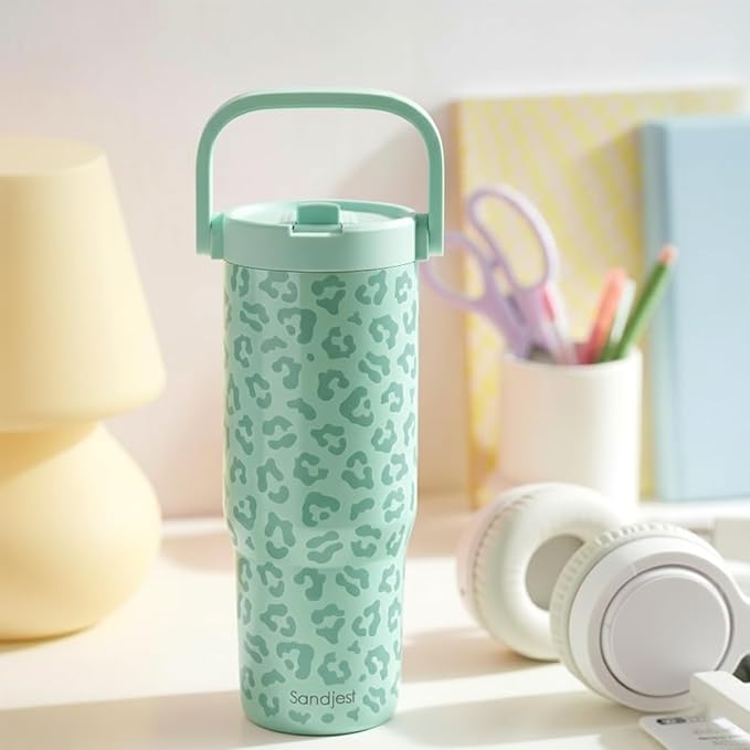 SANDJEST Leopard Skin Stainless Steel Straw Lid Tumbler 30oz with Carry Handle for Women Girls, Insulated Travel Coffee Cup, Gift for Sports Outdoor Workout Christmas Birthday (Mint) - Bloomnest