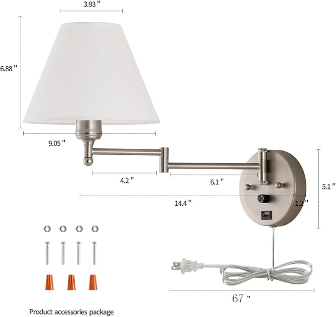 Swing Arm Wall Sconces, Plug-in Wall lamp,Bedroom Wall lamp ， White Fabric Shade，，with dimmable Switch and USB Charging Port, Suitable for Bedside, Living Room, Reading (Nickel) - Bloomnest