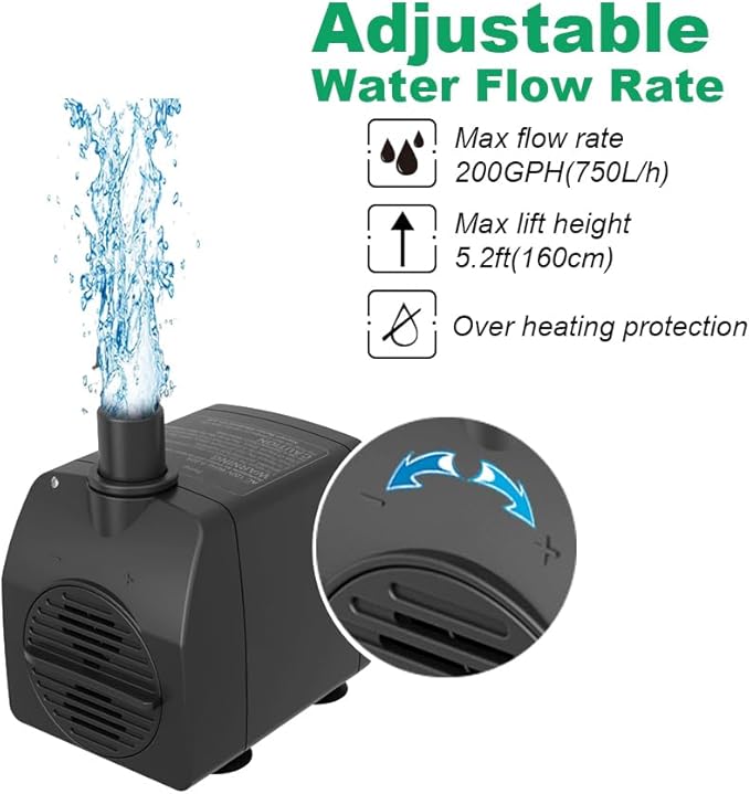 Submersible Pump 200GPH Ultra Quiet with Over Heating Protection 5.2ft High Lift for Fountains, Hydroponics, Ponds, Aquariums & More… - Bloomnest