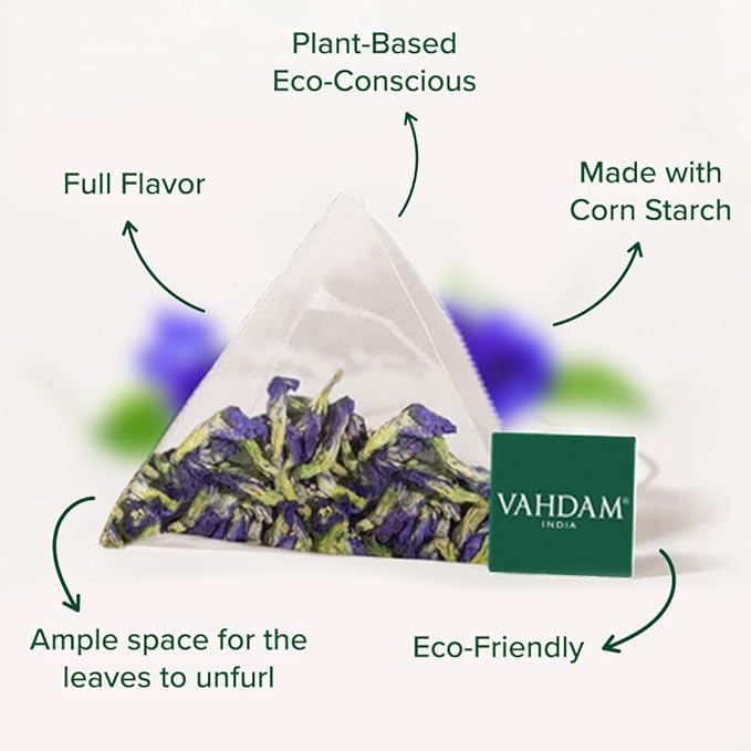 VAHDAM, Butterfly Pea Flower Tea Bags (40 Pyramid Teabags) Vegan, Non-GMO | Delicate & Earthy | Direct From Source - Plant Based Biodegradable Tea Bags | Brew Iced Tea, Cooking, Mocktails & Cocktails - Bloomnest