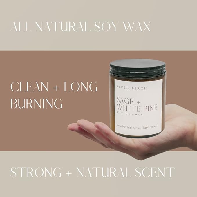River Birch Candles Sage + White Pine Scented Candle | Premium, All-Natural, Non-Toxic, Soy Amber Jar Candles | 8.5oz 40 Hr Burn Time | Cozy Relaxing Gifts for Home - Bloomnest