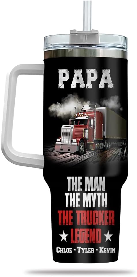 Personalized Trucker Dad Tumbler 40oz with Handle and Straw, Custom Semi Truck Design with Kids’ Names, Gift for Truck Driver Papa or Grandpa for Father’s Day, Birthday or Christmas - Bloomnest