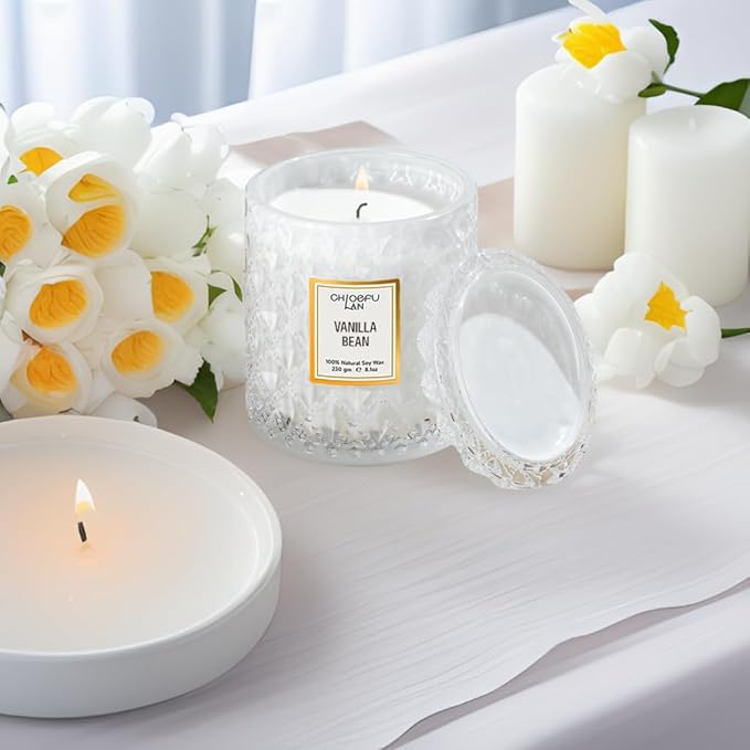 Chloefu LAN Vanilla Bean Highly Fragranced Candle Gifts for Women, Mothers Day Candle Gift, Natural Wax Candle for Home Scented, Up to 55 Hour Burn time - 8.1 Ounce Premium Soy Wax - Bloomnest