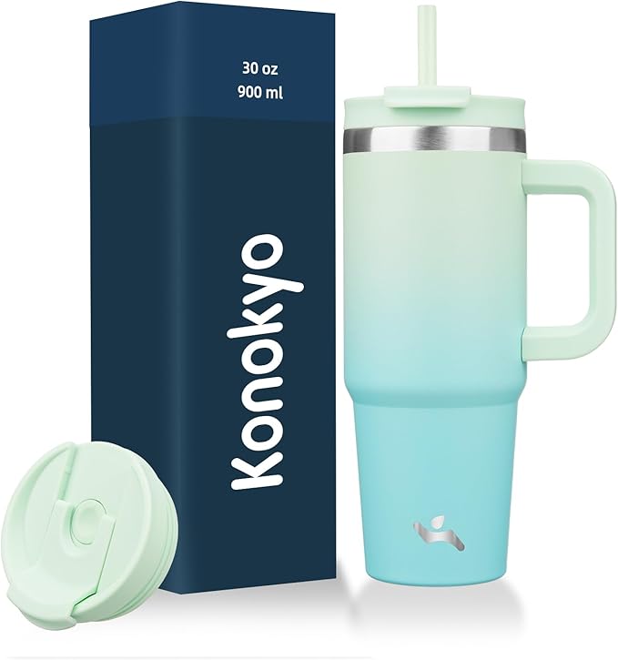 30 oz Tumbler with Handle and 2 Straws,2 in 1 Lid Insulated Water Bottle Stainless Steel Travel Coffee Mug,Mint - Bloomnest