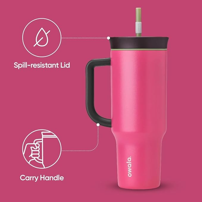 Owala Stainless Steel Triple Layer Insulated Travel Tumbler with Spill Resistant Lid, Straw, and Carry Handle, BPA Free, 40 oz, Pink (Watermelon Breeze) - Bloomnest