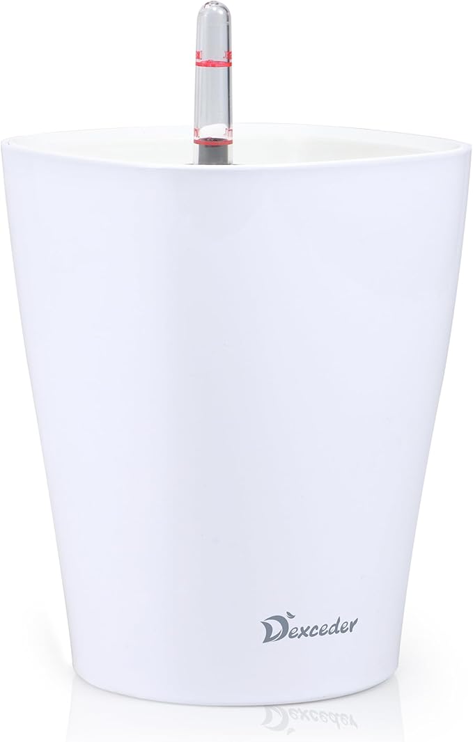 Dexceder 6x7 Self Watering Planter Indoor Outdoor, High Gloss Table Flower Plant Pot with Water Level Indicator (White) - Bloomnest