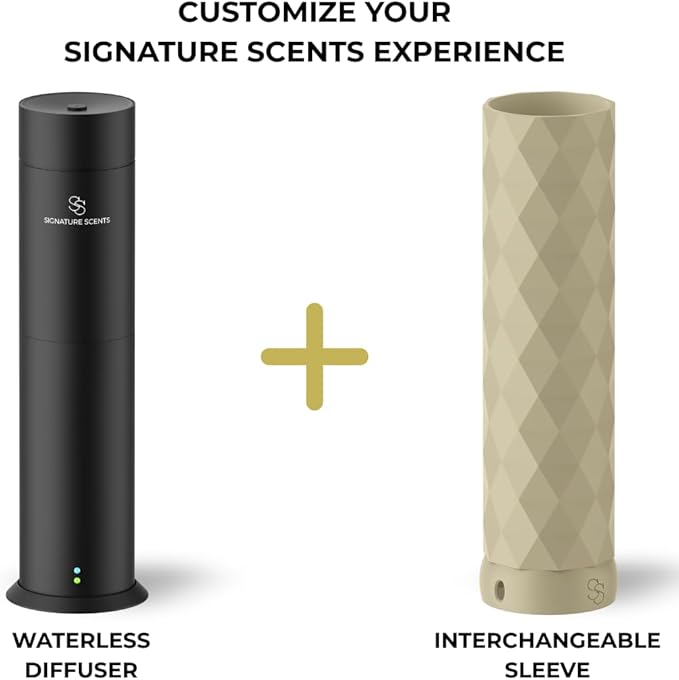 Waterless Essential Oil Hotel Scent Diffuser - Cold Air Diffuser - Covers 1000 sq. ft. - Waterless Diffuser for Home, Office & Hotel (Black + Interchangeable Sleeve) (Black + Bone White Sleeve) - Bloomnest