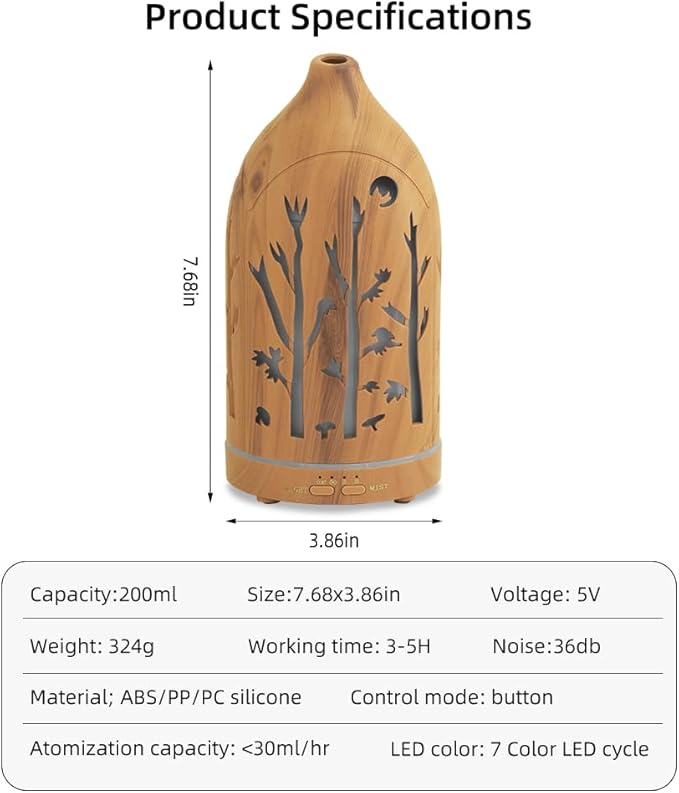 3 Essential Oil Diffuser Set,7.1''x3.5'' Aromatherapy Diffusers,Desk Humidifiers for Office,Small 200ml Humidifier with 7 LED Colors Night Lights,Waterless Auto-Off for Home Decor Gift (Tree) - Bloomnest