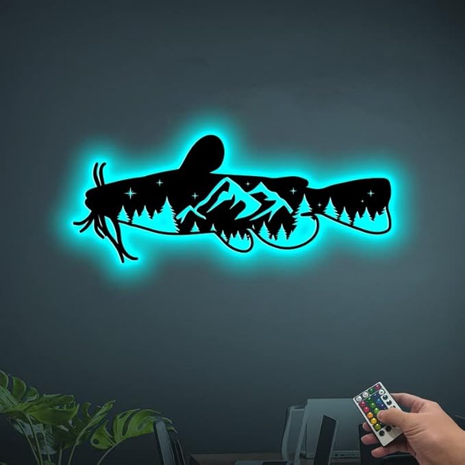 Personalized Neon Sign, Catfish Mountain Metal Wall Art Led Light, Fishing Gifts for Men, Gift for Dad, Fish and Trees Sign, Cabin Lodge Decor, Fisherman Gift - Bloomnest