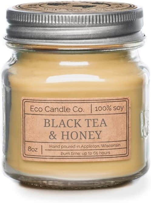 ECO CANDLE CO. Mason Jar Candle, Black Tea & Honey, 8 oz. - Scents of Spicy Tea, Nutmeg, Honey, & Orange - 100% Soy Wax, No Lead, Kraft Label & Antiqued Pewter Lid, Hand Poured, Midwest Soybeans - Bloomnest