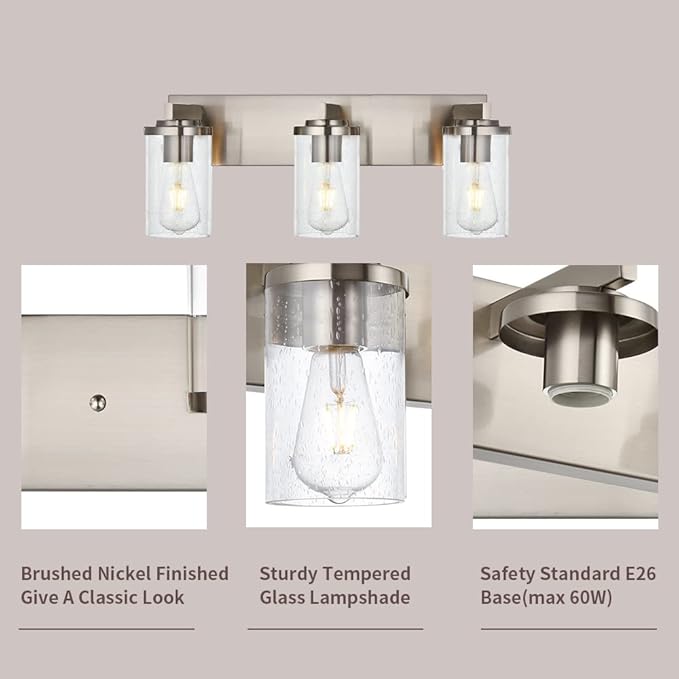 BONLICHT Brushed Nickel Vanity Light 3 Lights Modern Bathroom Light Fixtures Over Mirror with Seeded Glass, Industrial Metal Indoor sconces Wall Lighting for Powder Room Hallway Kitchen Sink Cabinet - Bloomnest
