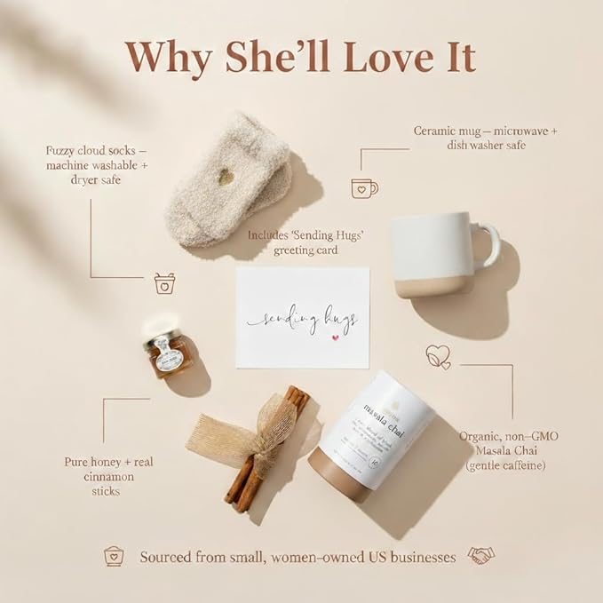 Unboxme Sending Hugs Get Well Gift Basket & Care Package for Women - Self Care Gift Box with Fuzzy Socks, Ceramic Mug, Chai Tea, Honey & Cinnamon - Bloomnest