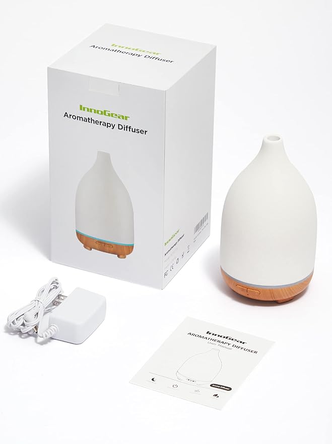 InnoGear Oil Diffuser, 150ML Ceramic Diffuser for Essential Oils Handcrafted Aromatherapy Diffuser Ultrasonic Cool Mist Humidifier with 2 Mist Modes Waterless Auto Off for Room Office, White - Bloomnest