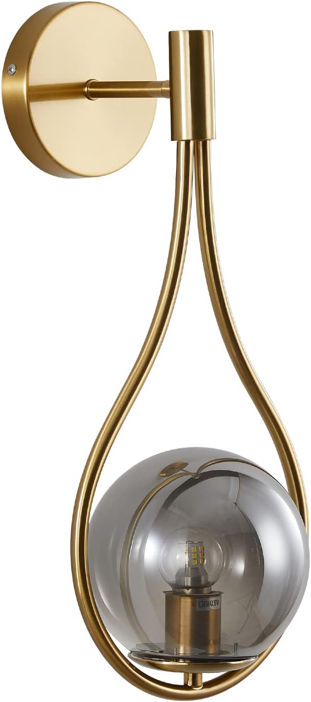 KCO Lighting Modern Vintage Gold Teardrop Wall Sconce Farmhouse Globe Wall Light Fixture Cordless Sconces Wall Lighting for Stairwell Bathroom Bedroom (Gold + Smoke Grey) - Bloomnest