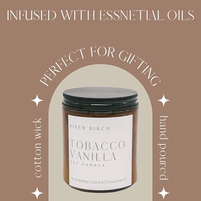 River Birch Candles Tobacco Vanilla Scented Candle | Premium, All-Natural, Non-Toxic, Soy Amber Jar Candles | 8.5oz 40 Hr Burn Time | Cozy Relaxing Gifts for Home - Bloomnest