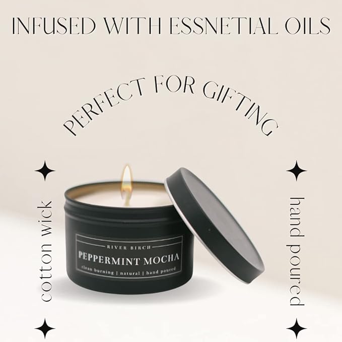 River Birch Candles Peppermint Mocha Scented Candle | Premium, All-Natural, Non-Toxic, Soy Candles | 8 oz. Black Matte Tin Travel Candle | Cozy Relaxing Gifts for Home - Bloomnest