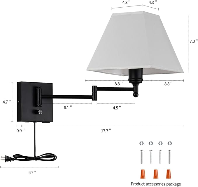Swinging arm Wall lamp, Fabric lampshade, with Plug and dimming Rotary Switch, USB and Type-C Charging Port, Suitable for Bedside, Living Room, Hotel and Bedroom Wall Lamps - Bloomnest