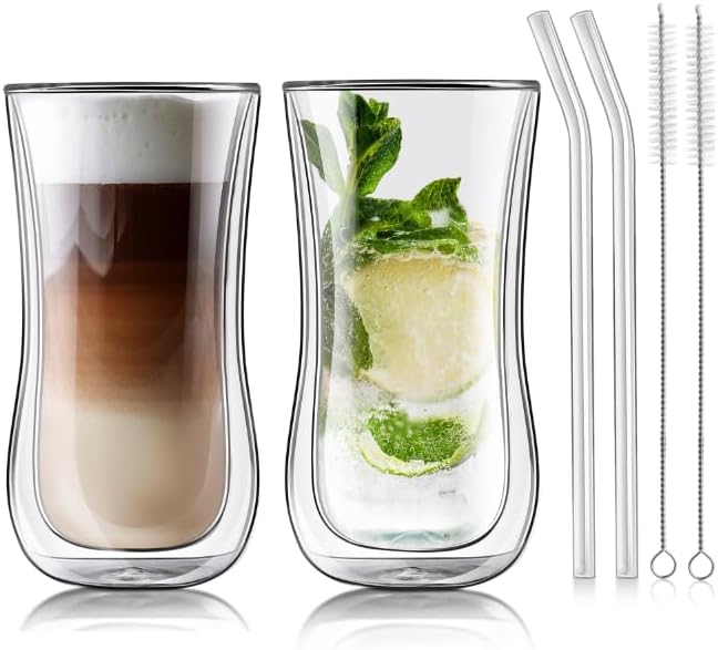Joeyan Glass Double Walled Beer Drinking Glasses Tumbler, Double Layer Tall Borosilicate Insulated Water Cocktail Glass Cups, Double Lined Thermo Tea Coffee Hot Beverage Glassware 12 oz, Set of 2 - Bloomnest