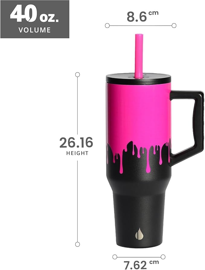 Elemental 40 oz Tumbler with Handle and Straw - Spill Proof Insulated Stainless Steel Commuter for Hot and Cold Beverages - Travel Coffee Mug with 2 Straws & Spill Proof Lid - 40oz - Hot Pink Drip - Bloomnest