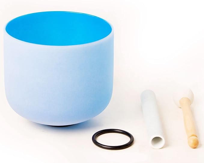 Leize Crystal Singing Bowl 432hz G Note Throat Chakra Blue 8" with Suede Striker - Bloomnest