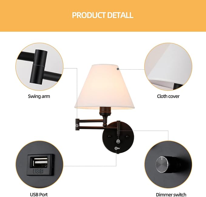 Swing Arm Wall Sconces, Plug-in Wall lamp,Bedroom Wall lamp ， White Fabric Shade，，with dimmable Switch and USB Charging Port, Suitable for Bedside, Living Room, Reading (Black) - Bloomnest