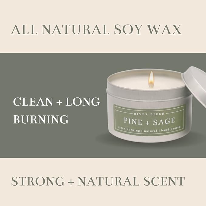River Birch Candles Pine + Sage Scented Candle | Premium, All-Natural, Non-Toxic, Soy Candles | 8 oz. Silver Tin Travel Candle | Cozy Relaxing Gifts for Home - Bloomnest