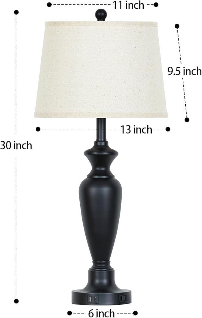 30" Tall Black Table Lamp, 3-Way Dimmable Touch Control Bedside Lamp with USB A+C & AC Outlet for Bedroom, Living Room (1 Pack) - Bloomnest