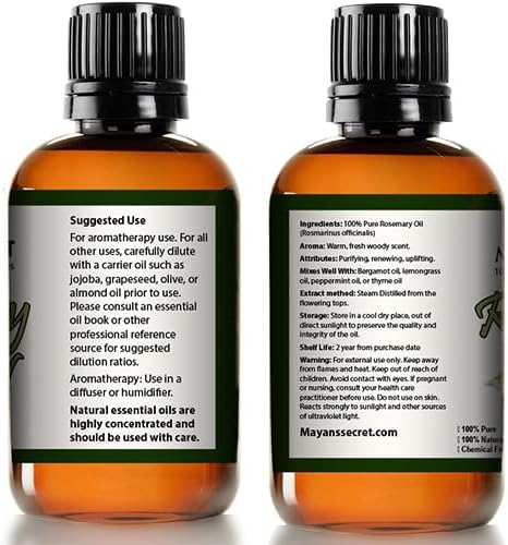 Mayan's Secret Rosemary Essential Oil - Pure and Natural, 4 oz Amber Glass Bottle for Hair, and Skin Care MayansSecret