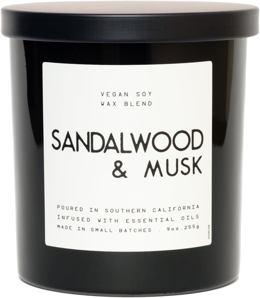 | Masculine Aromas 9oz | 50 Hours | Soy Wax | Scented Mens Candles with Natural Essential Oils | Vegan (Sandalwood & Musk)