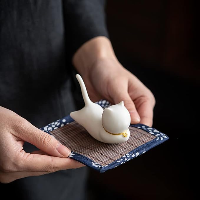 Cat Incense Stick Holder with A Mat and 1 box Incense Stick Cute Ceramic Incense Burner for Stick Incense Ash Catcher for Home,Office,Yoga Meditation Stress Relief Gift for Cat Lovers (White Cute Cat) - Bloomnest