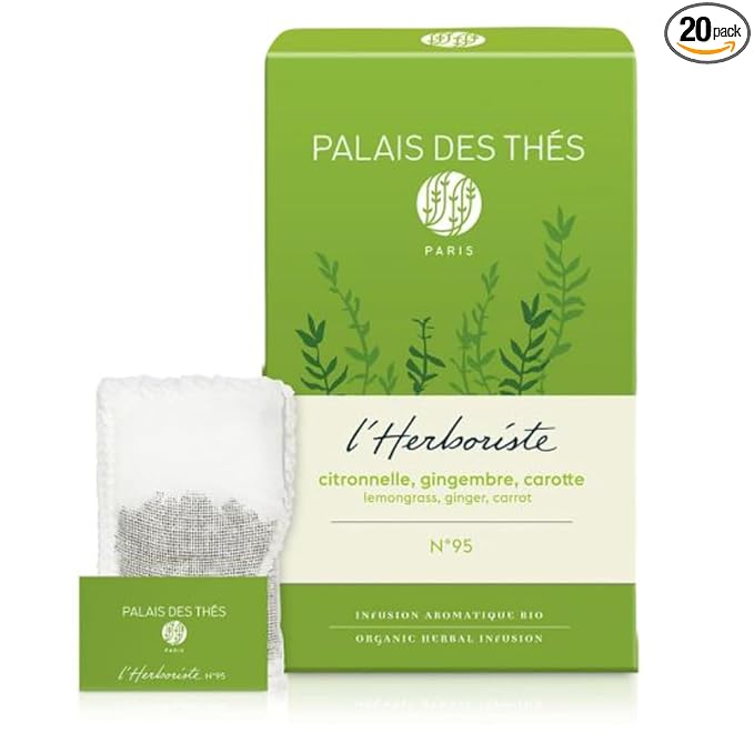 Palais des Thés Caffeine-Free Tea - L'Herboriste N°95 Organic Energy Herbal Blend with Lemongrass, Ginger & Carrot - Premium Tea Bags, Serves 20 Cups - Bloomnest